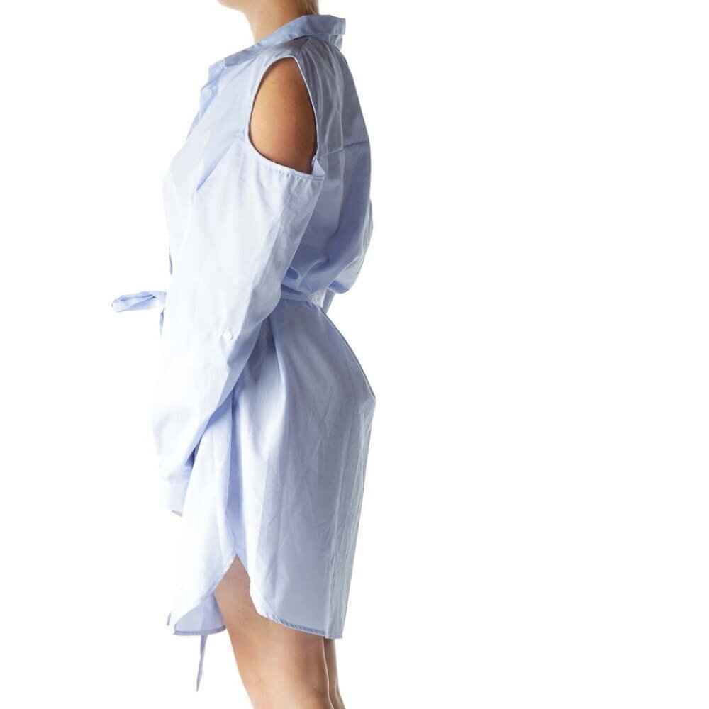 Impulsive Blue White Pinstripe Off-Shoulder Day Dress - Picture 2 of 3